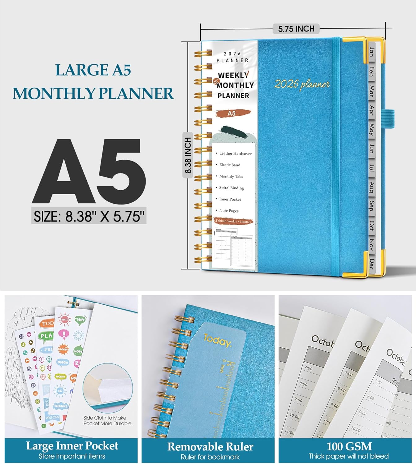 2026 Planner, Weekly and Monthly Calendar Planner from January 2026 - December 2026, 8.5" x 11" Hardcover Leather Hourly Appointment Book with Tabs, Spiral Daily Planners for School Work Home, Green