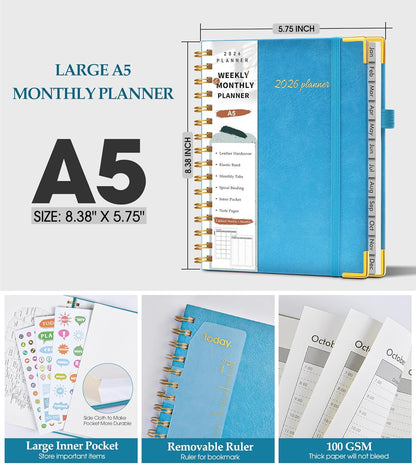 2026 Planner, Weekly and Monthly Calendar Planner from January 2026 - December 2026, 8.5" x 11" Hardcover Leather Hourly Appointment Book with Tabs, Spiral Daily Planners for School Work Home, Green