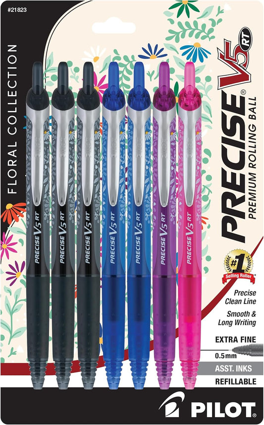 Pilot, Precise Premium Rolling Ball Pens, Floral Collection, Extra Fine Point 0.5 mm, 7 Pack, Ultra-Smooth Writing, Assorted Designs