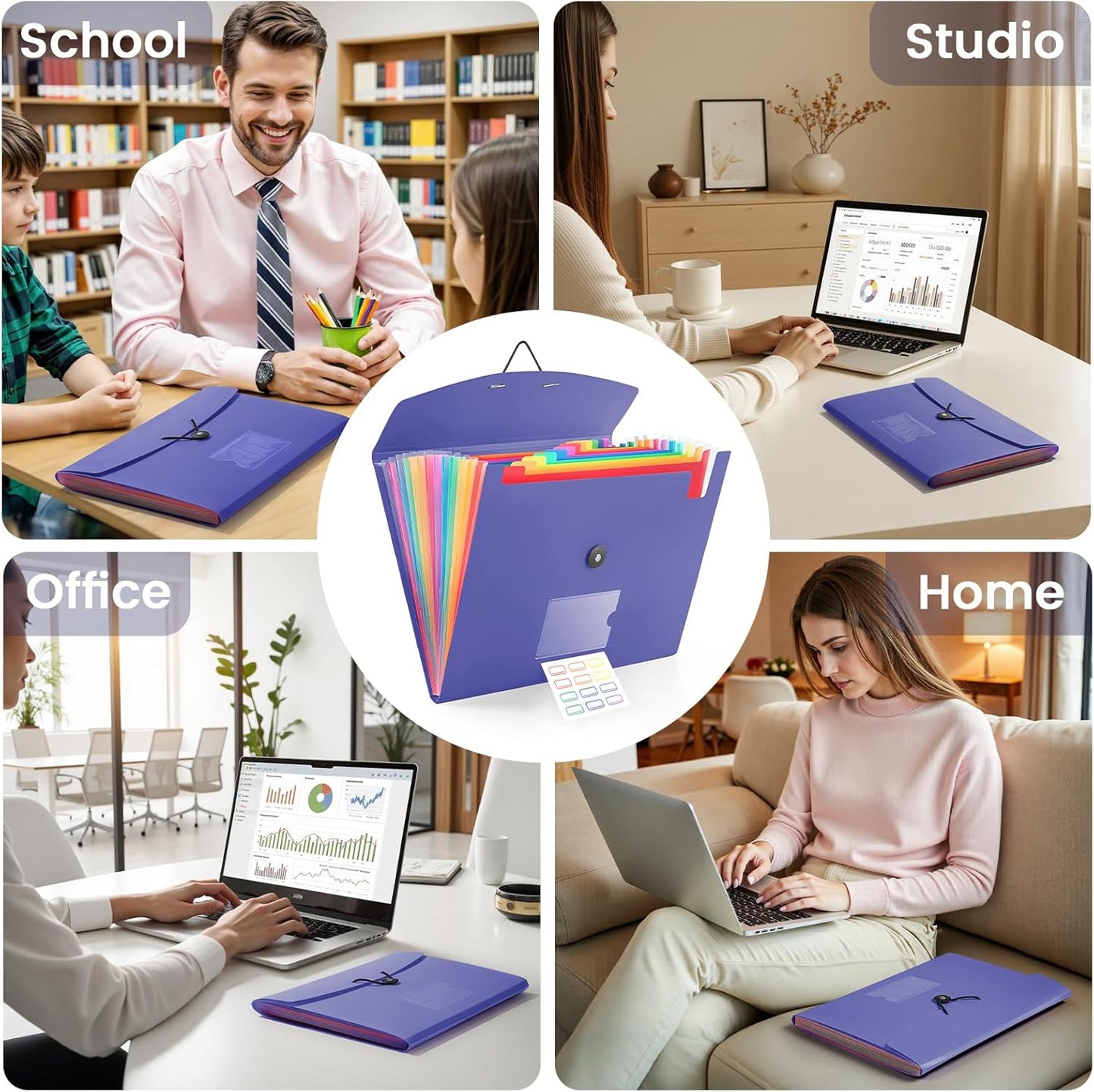 13 Pocket Accordion File Organizer with Elastic Closure, Expanding File Folder for Letter Size A4 Papers, Ideal for Home, Office Supplies, College Essentials - Purple