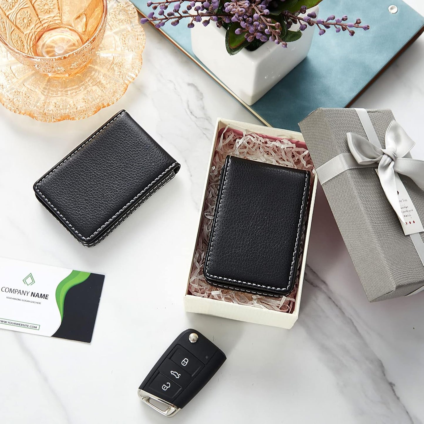 Outus 2 Pieces Business Card Holder, PU Leather Business Card Case Pocket Wallet with Magnetic Shut for Valentines Gift Men Women(Black and Coffee,Classic)