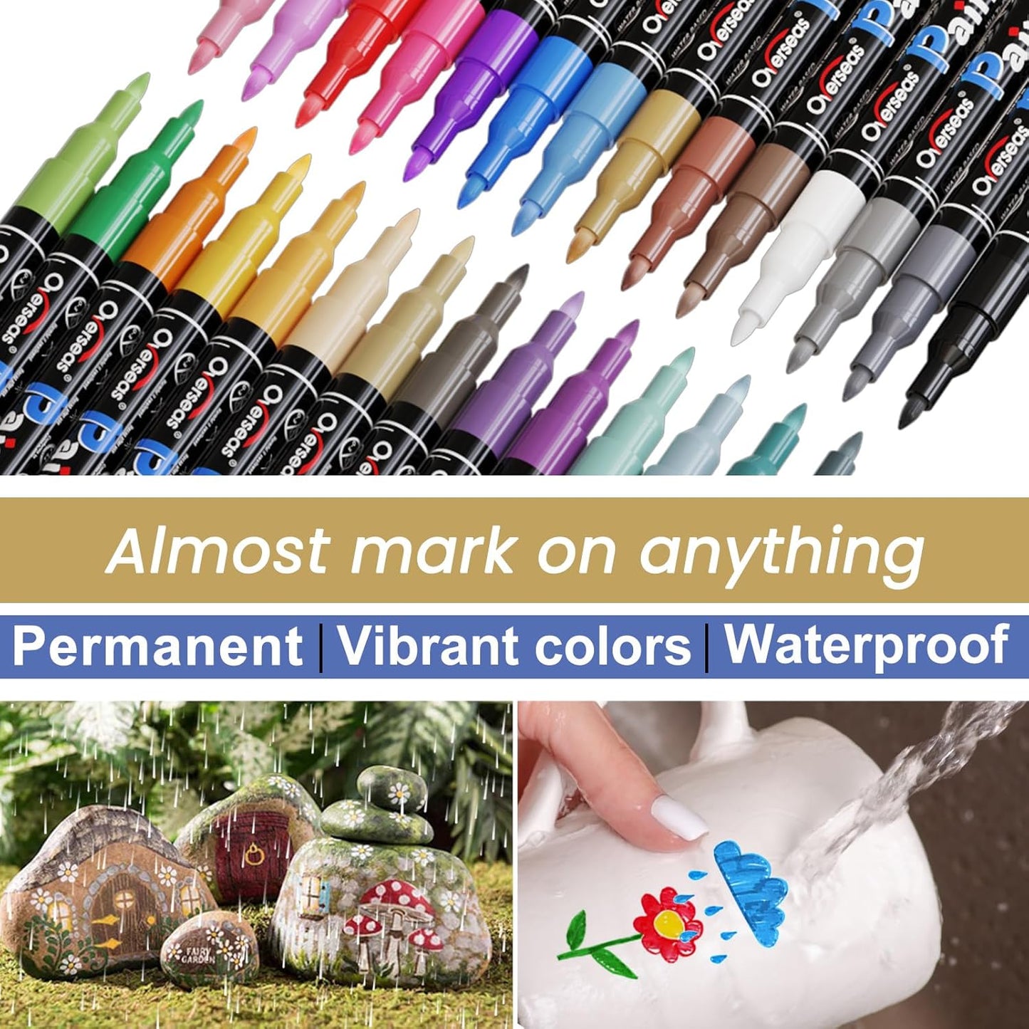 Overseas White Acrylic Paint Pens 2 Pack, 0.7mm Extra Fine Tip Permanent Markers, Water-Based, Quick Drying, Waterproof, Non Toxic Paint Markers for Wood, Metal, Rock, Plastic, Glass, Canvas, Fabric
