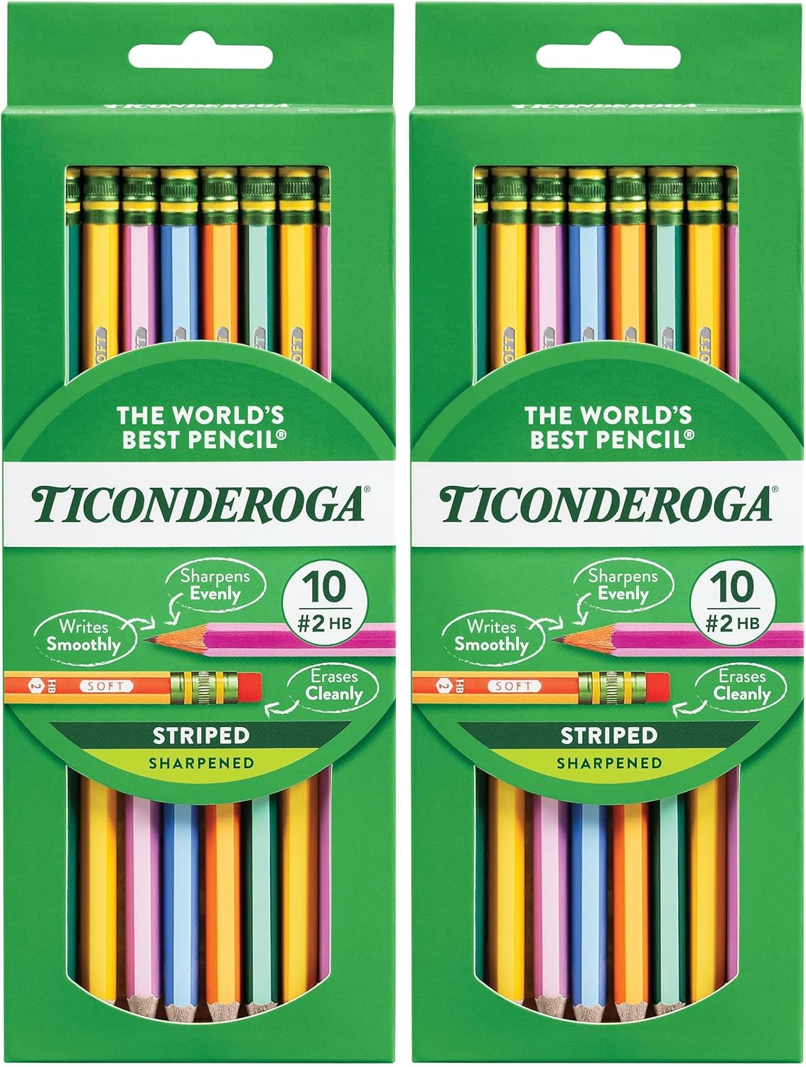 Ticonderoga X13910 Striped Wood-Cased Pencils, 2 HB Soft, Pre-Sharpened, 10 Count, Assorted Colors