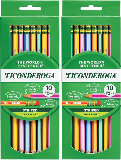 Ticonderoga X13910 Striped Wood-Cased Pencils, 2 HB Soft, Pre-Sharpened, 10 Count, Assorted Colors