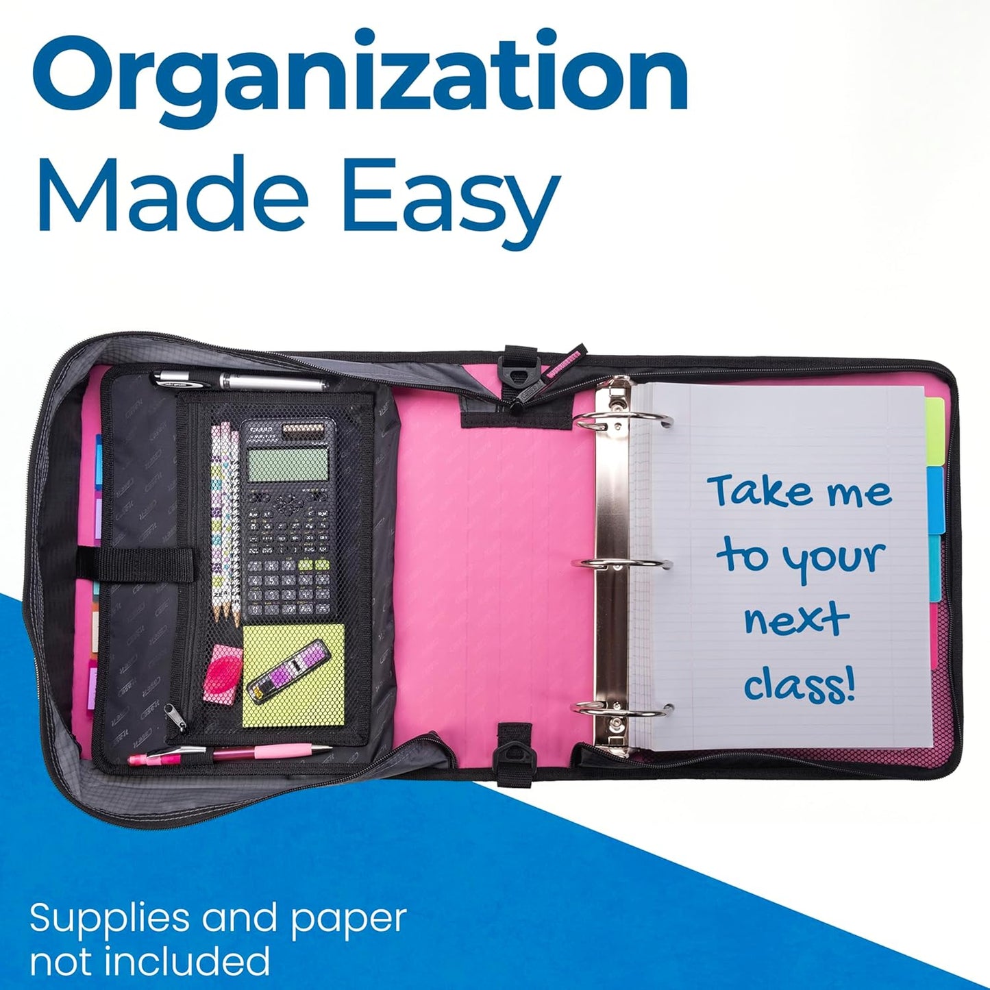 Case-it Mighty Zip Tab School Zipper Binder | 3-Inch O-Rings, 600-Sheet Capacity, 5-Subject Expanding File Folder, Multiple Pockets & Storage Organizer, Shoulder Strap | D-146 Jet Black