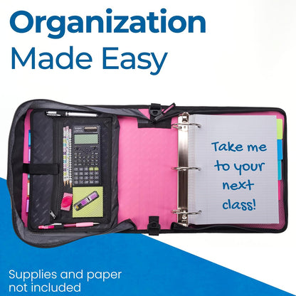 Case-it Mighty Zip Tab School Zipper Binder | 3-Inch O-Rings, 600-Sheet Capacity, 5-Subject Expanding File Folder, Multiple Pockets & Storage Organizer, Shoulder Strap | D-146 Jet Black