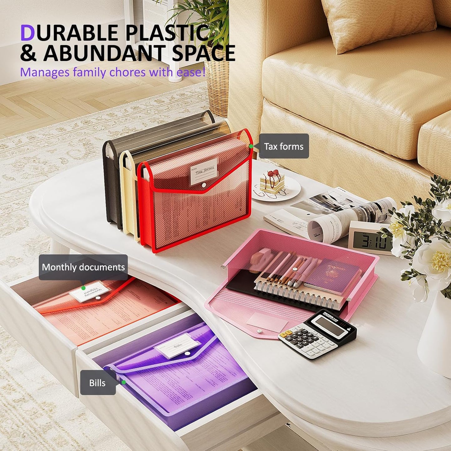 ThinkTex Plastic Expanding File Folder, Transparent Envelopes with Snap Closure, No Dividers, Large Capacity, Assorted Colors, Fits Letter / A4 Size - 5 Pack