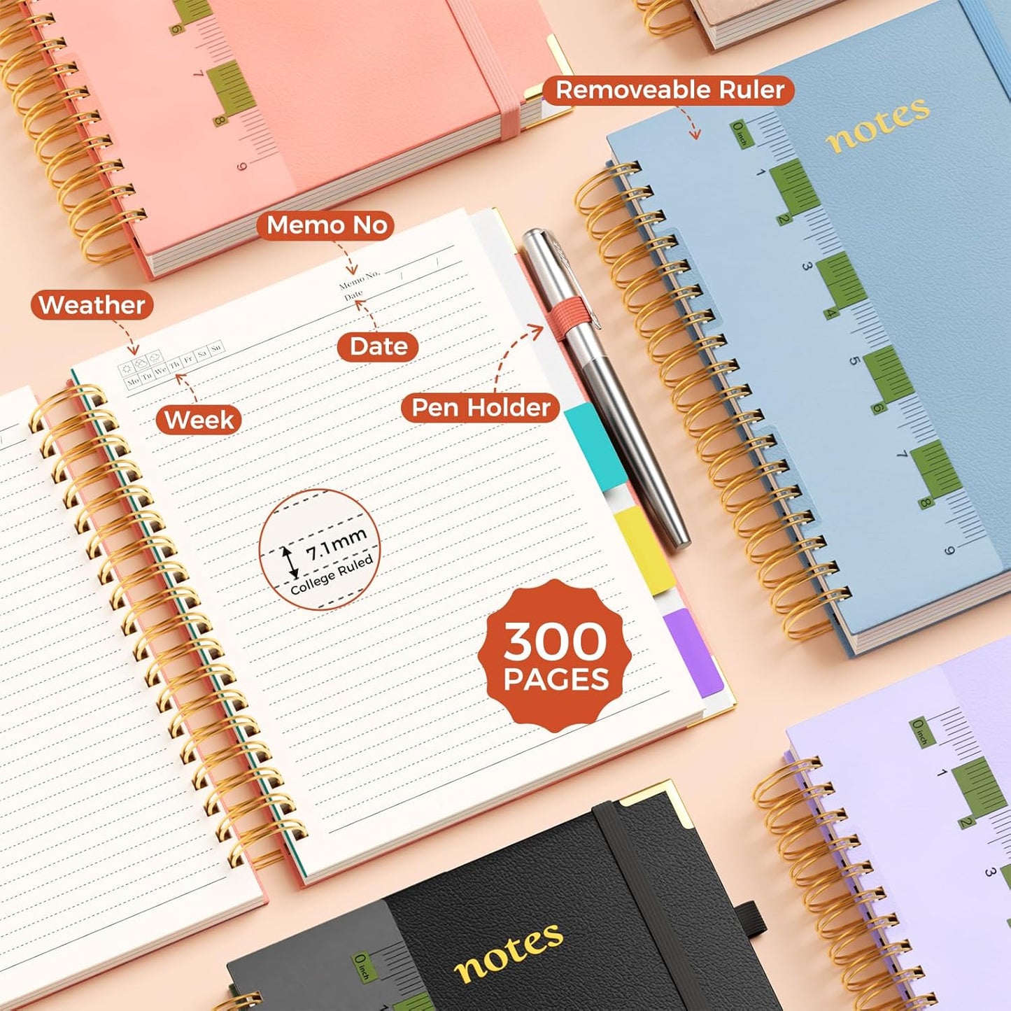 Line Hardcover Spiral Notebook with Removable Dividers Tabs & Ruler, 5 Subject Notebook College Ruled, 300 Page, Large 8"x10" B5 Notebooks for Work School, Lined Journal for Women & Men, Purple