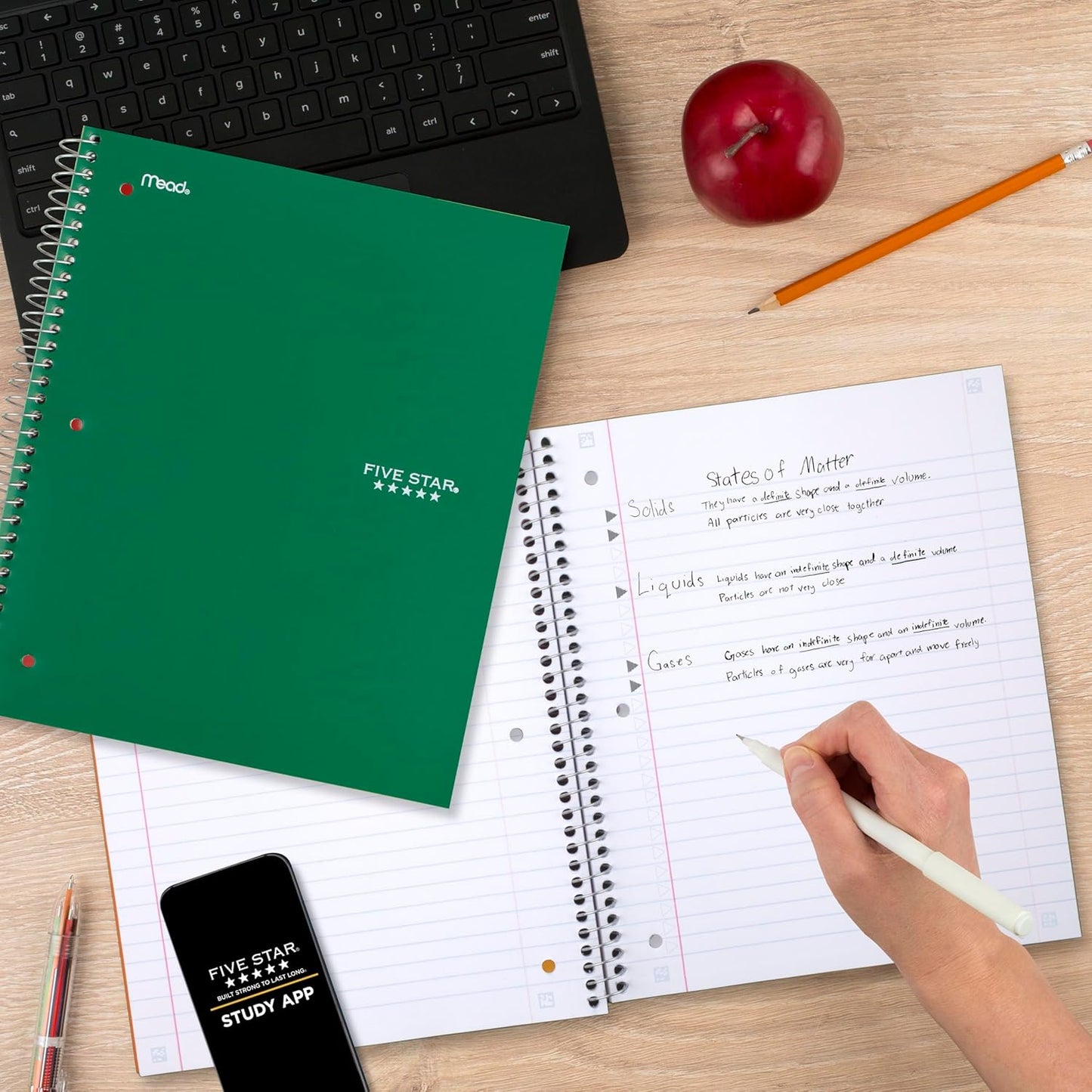 Five Star Spiral Notebook + Study App, 3 Subject, Wide Ruled Paper, 8" x 10-1/2", 150 Sheets, Fights Ink Bleed, Water Resistant Cover, Harvest Yellow (73463)