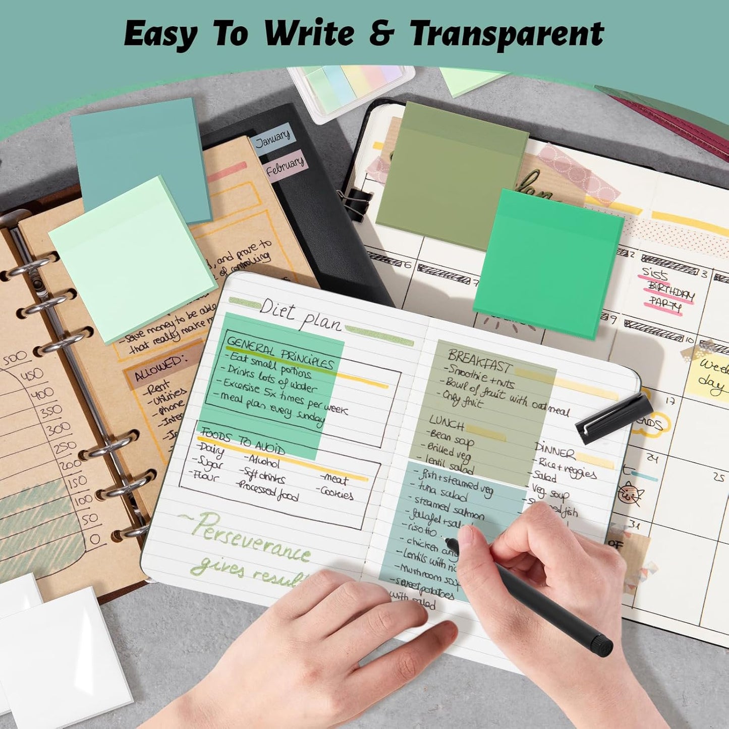 800 Sheets Transparent Sticky Notes, 3x3 Inch 14 Pads Self-Adhesive Translucent Clear See Through Post Sticky Notes for Planner Office School College Teacher Student Supplies 6 Bright Color