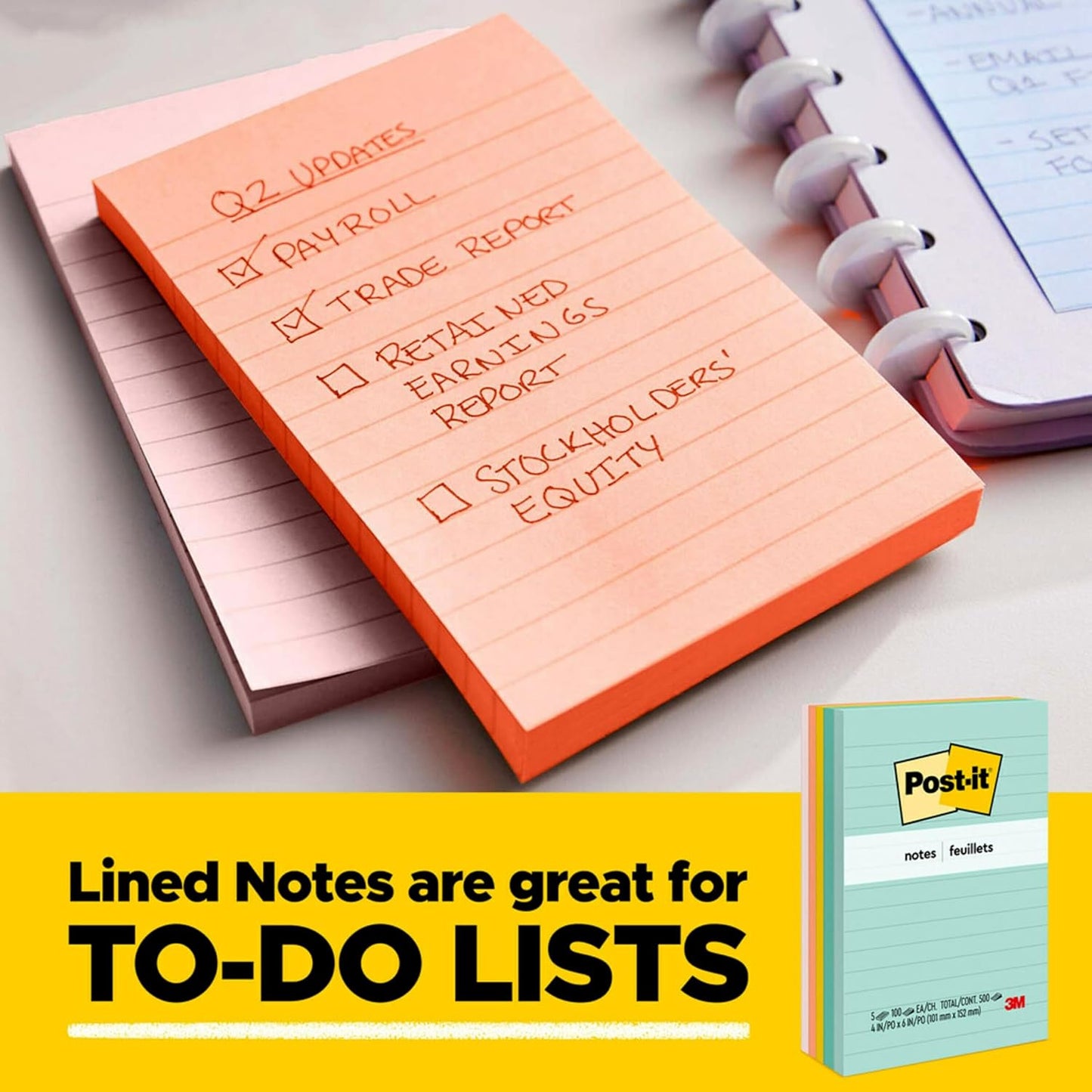 Post-it Notes, 4 in x 6 in, 5 Lined Sticky Notes Pads, 100 Sheets per Pad, Canary Yellow, The Original Post-it Note, School Supplies and Oﬃce Products