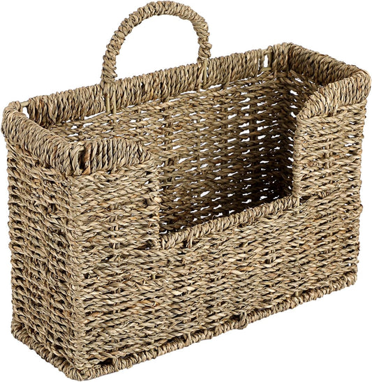 BTSKY Woven Hanging Magazine Holder, Water Hyacinth Magazine Basket, Wall Mounted Storage Basket for Books & Files, Wall File Organizer Magazine Rack with Handle for Home & Office - 11.8x4.3x7.9 Inch