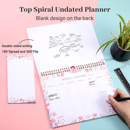 Weekly Planner Notepad Tear Off Set of 2 Weekly Calendar Pad 52 Undated To Do List Notepad Sheets Desk Planner Planning Pads Productivity Tracker for Work Goals Notes Schedule Ideas, Floral Blue