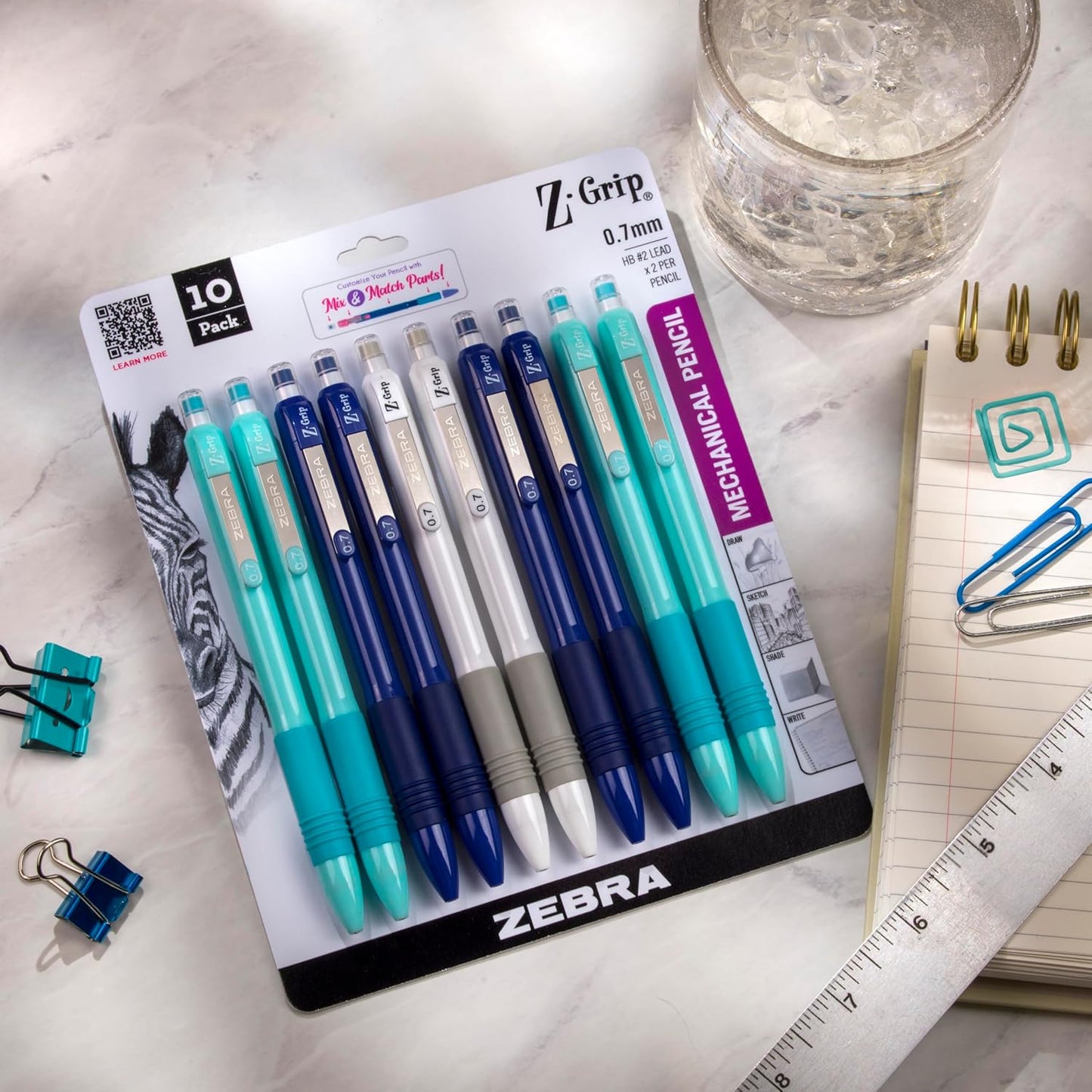Zebra Pen, Z-Grip Mechanical Pencil, Smooth Writing, Latex-Free Grip, 0.7mm Lead, #2 HB, Pre-Loaded with Lead and Eraser, for School, Office, Everyday Use, Refillable, Clear Barrel, 24-Pack, (15241)