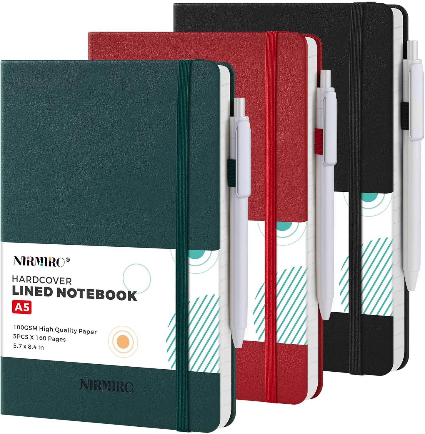 NIRMIRO Small Notebook Journals, 3 Pack Mini Pocket Note pads for Men & Women Writing, A6 Small Leather Notepad 3.7" x 5.7" with Pen, Black, Red, Green