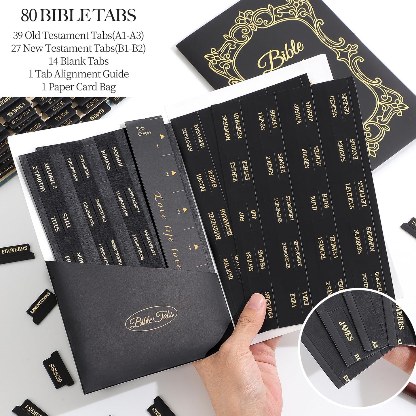 Laminated Bible Tabs, Gold Foil Embossed Lettering Bible Chapter Index Tabs for Women Men, Reposition Large Print Sticky Labels, Easy to Read and Apply, 105Chapters Labels for Easy Navigation (Black)