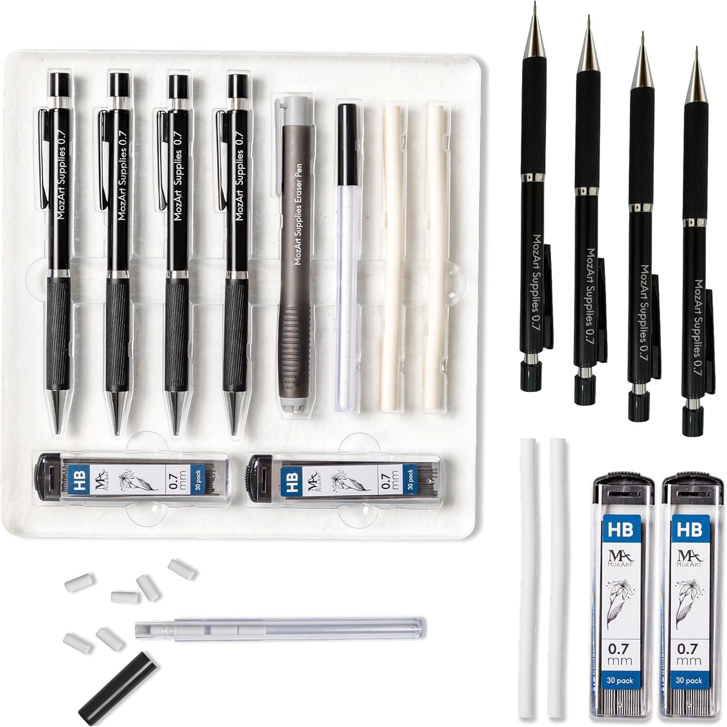 Mozart Essential Set of Lead Refills - 4 Sizes: 0.3, 0.5, 0.7 & 0.9 mm with 100 HB Lead Refills for Each - for Sketch, Architecture, Drafting, Art, Drawing Supplies, Metal Mechanical Pencils