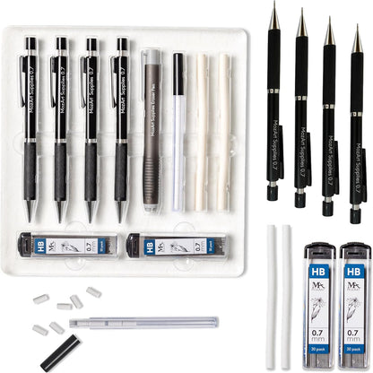 Mozart Essential Set of Lead Refills - 4 Sizes: 0.3, 0.5, 0.7 & 0.9 mm with 100 HB Lead Refills for Each - for Sketch, Architecture, Drafting, Art, Drawing Supplies, Metal Mechanical Pencils