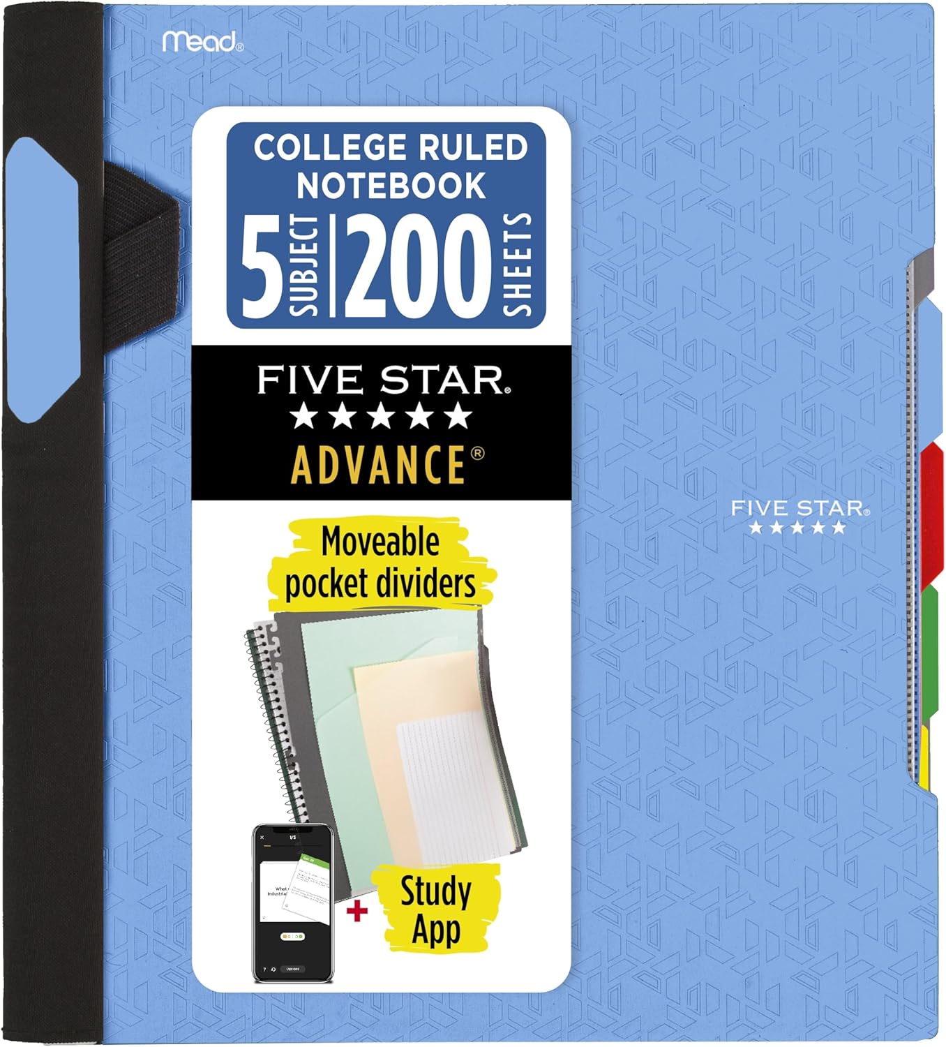 Five Star Advance Spiral Notebook + Study App, 5 Subject, College Ruled Paper, 8-1/2" x 11", 200 Sheets, Spiral Guard, Movable Tabbed Dividers, Black (73144)