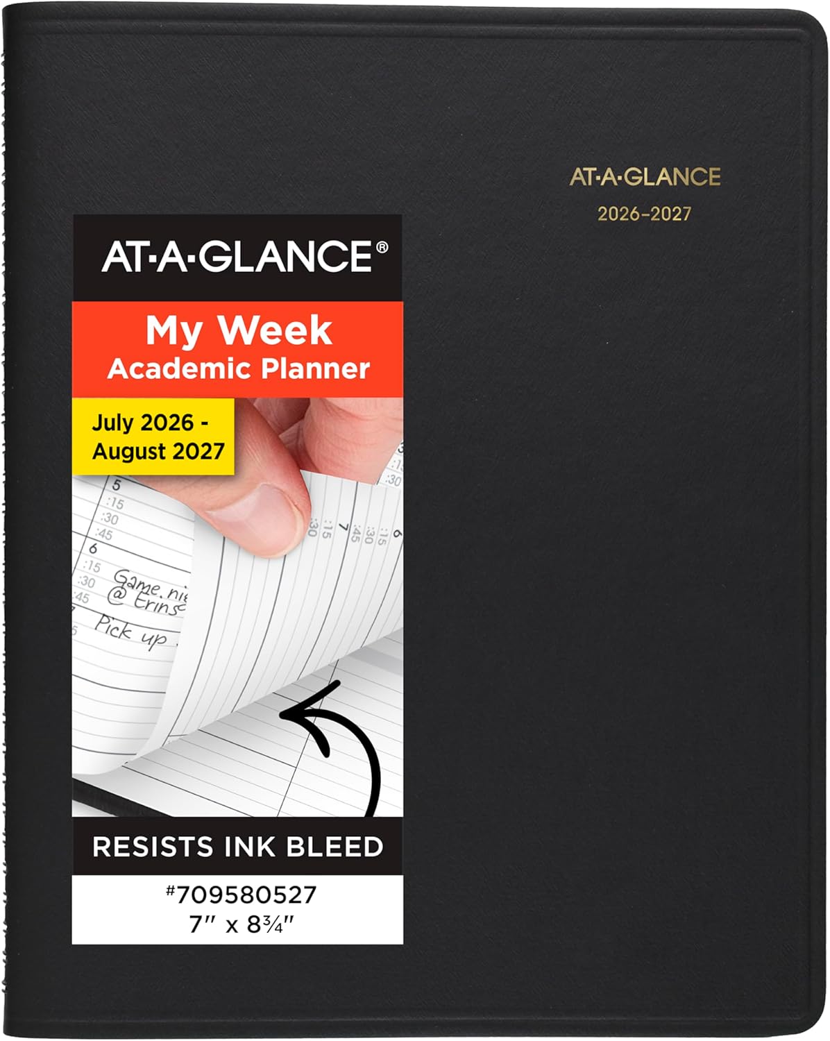AT-A-GLANCE Planner 2026-2027 Weekly Academic 14-Month July-August, Quarter-Hourly Appointment Book, 8-1/4" x 11", Black (7095705)