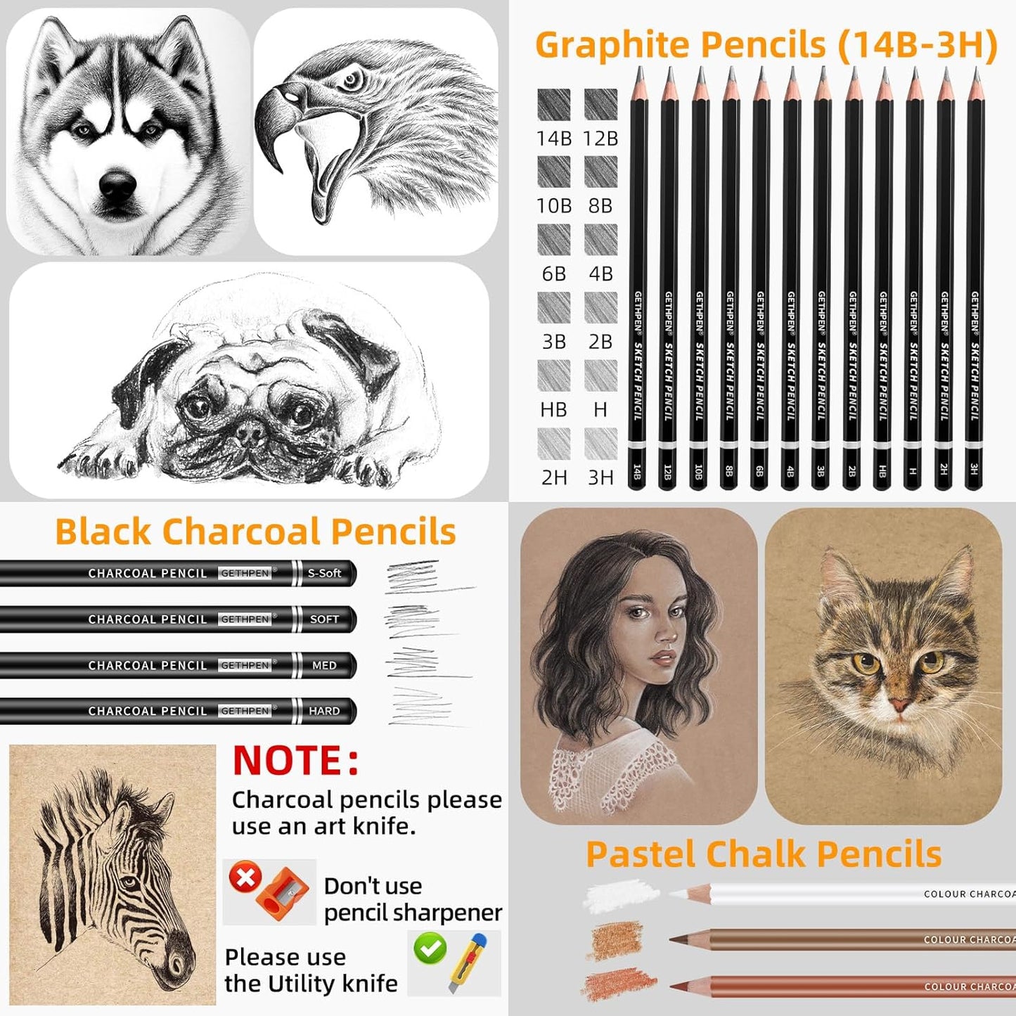 Drawing Sketching Pencil Set, 24 Piece Pro Artist Sketch Kit - Graphite Pencils (12B-4H),Charcoal Pencils for Drawing,Black and White Charcoal Pencils,Charcoal Sticks,Stumps,Eraser,Sharpeners