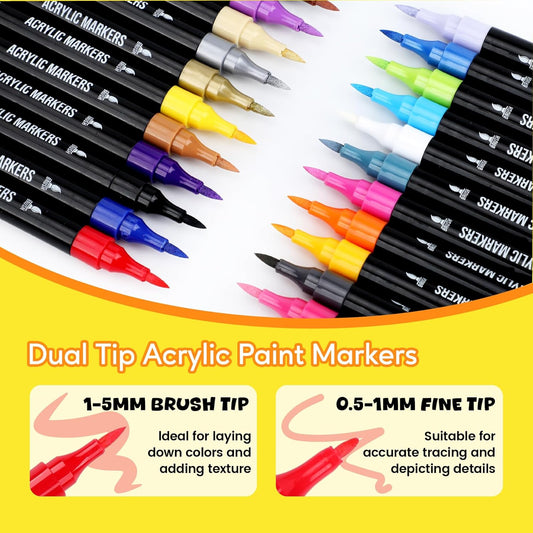 Pagather 24 Colors Acrylic Paint Markers, Dual Tip with Fine Tip and Brush Tip Pens for Stone, Wood, Calligraphy, Canvas, Ceramic, Metal, Glass, Rock Painting, DIY Crafts