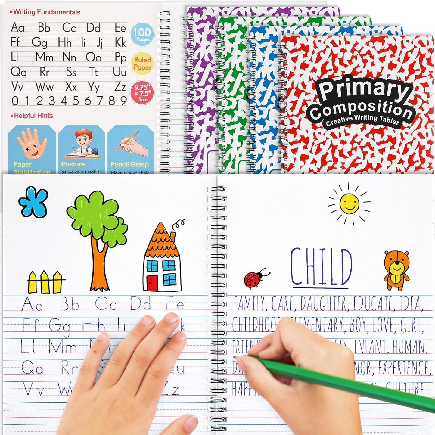 Henoyso 8 Pcs 100 Pages Spiral Primary Composition Notebook K-2 Bulk Primary Journal Drawing Handwriting Practice for Kids 4-6 Kindergarten Preschool Home School 1st 2nd Grade Student (Fresh Color)