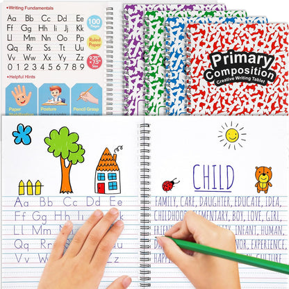 Henoyso 8 Pcs 100 Pages Spiral Primary Composition Notebook K-2 Bulk Primary Journal Drawing Handwriting Practice for Kids 4-6 Kindergarten Preschool Home School 1st 2nd Grade Student (Fresh Color)