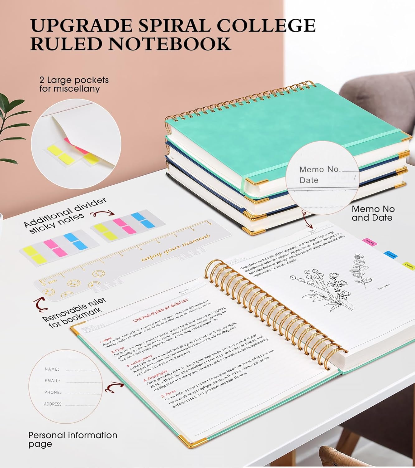 Hardcover Spiral Notebook Journal 8.5” x 11”, A4 Large Leather Notebooks for Women Men, Lined College Ruled Notebook, 50 Sheets/100 Pages, Spiral Bound Journals for Work School Note Taking, Green