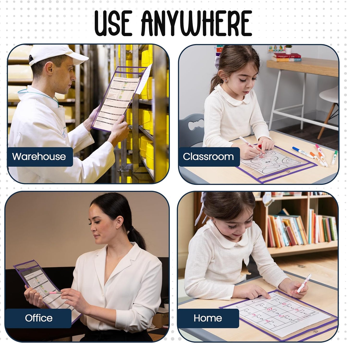 Essex Wares - 6 Pack, Assorted, Dry Erase Pocket Document Protectors, 10" Wide x 13.5" Tall- Dry Erase Clear Plastic Sleeves - Reusable & Easy Erase Plastic Invoice Holders, Water-Resistant & Durable