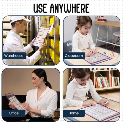 Essex Wares - 6 Pack, Assorted, Dry Erase Pocket Document Protectors, 10" Wide x 13.5" Tall- Dry Erase Clear Plastic Sleeves - Reusable & Easy Erase Plastic Invoice Holders, Water-Resistant & Durable