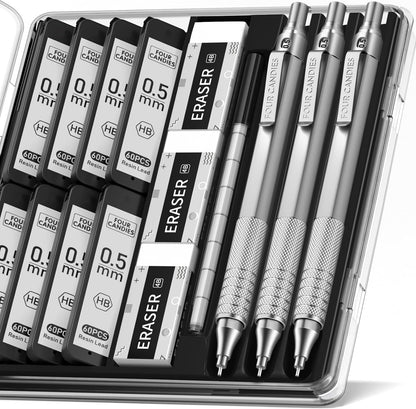 Four Candies Mechanical Graphite Pencil Set, 3pcs Black Metal Pencils with Anti-Skid Grip, Ideal for Artists, Professionals, Teachers and Students