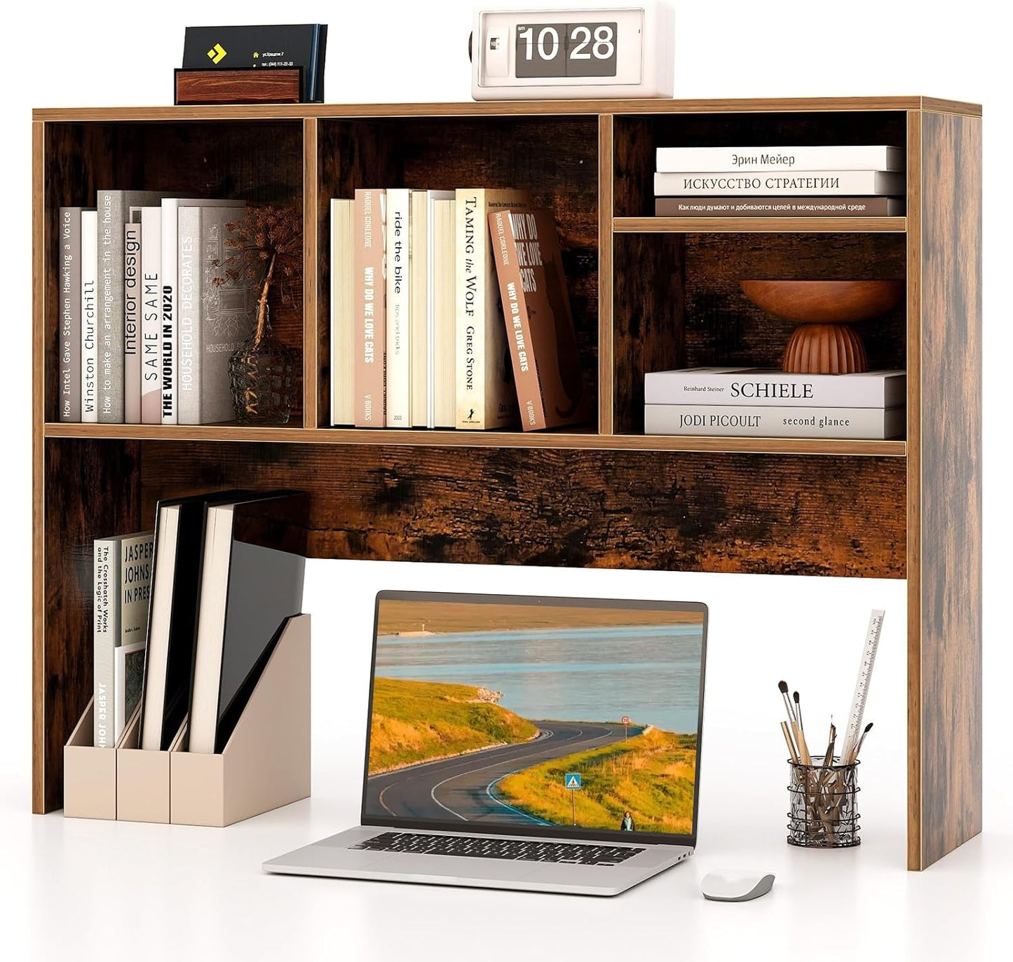 Tangkula Desktop Bookshelf, Countertop Storage Hutch with 5 Shelves for Computer Desk, Desk 3-Tier Display Rack, Multipurpose Wood Desktop Hutch Storage Organizer for Dorm Office Home