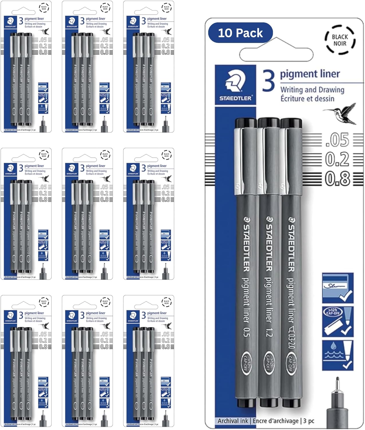 Staedtler Pigment Liner Pack, Black, 8 Pens, Assorted Line Widths, 0.05mm, 0.1mm, 0.2mm, 0.3mm, 0.5mm, 0.8mm, 1.0mm, 1.2mm