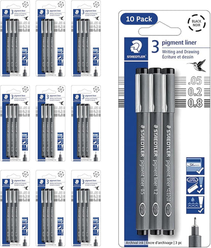 Staedtler Pigment Liner Pack, Black, 8 Pens, Assorted Line Widths, 0.05mm, 0.1mm, 0.2mm, 0.3mm, 0.5mm, 0.8mm, 1.0mm, 1.2mm
