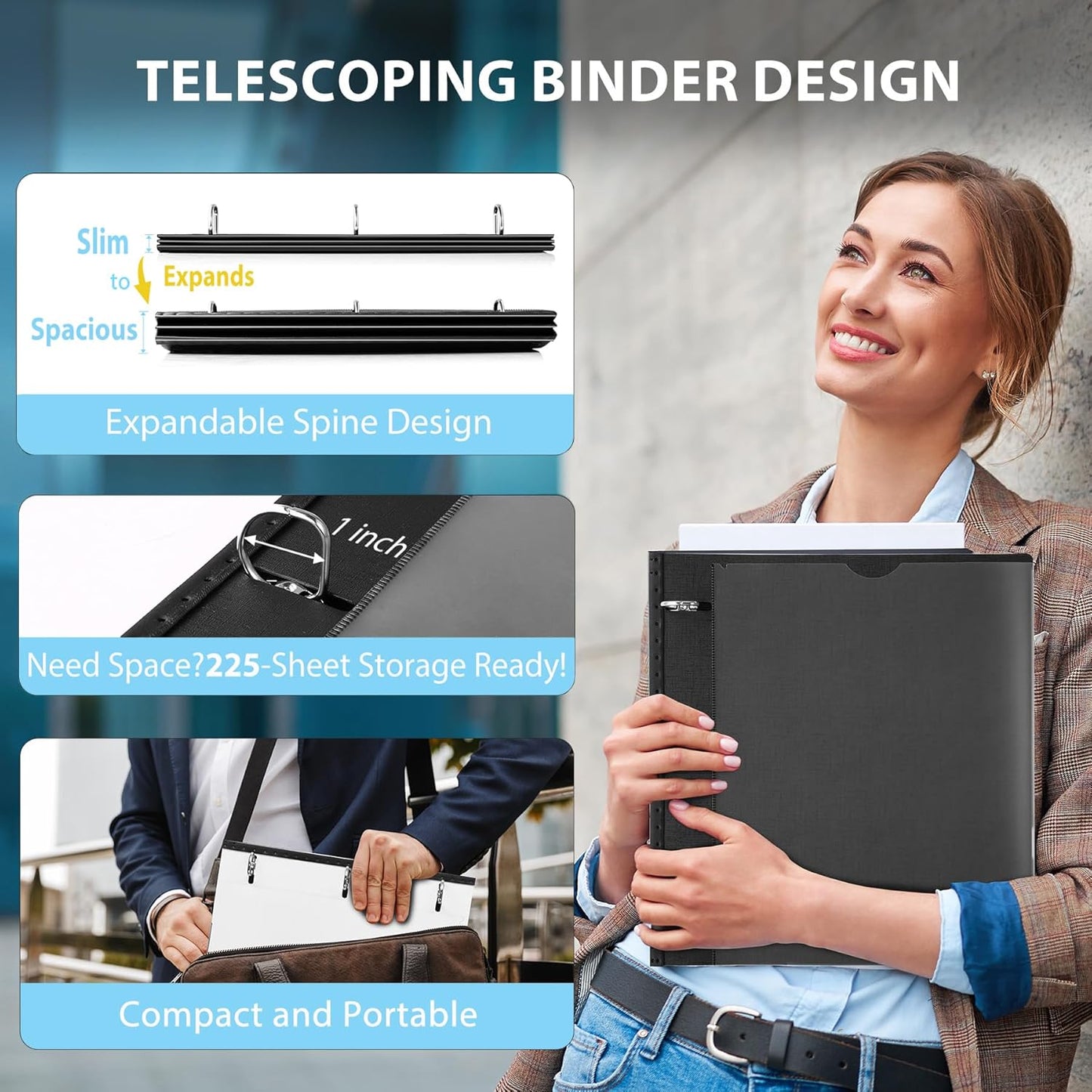 WOT I 1 Inch Telescoping 3 Ring Binder 4 Pack, Expandable Flexible Binder with Customizable Front Cover & Clear Catalog Pocket, Holds 225 Sheets, School Office Supplies, White