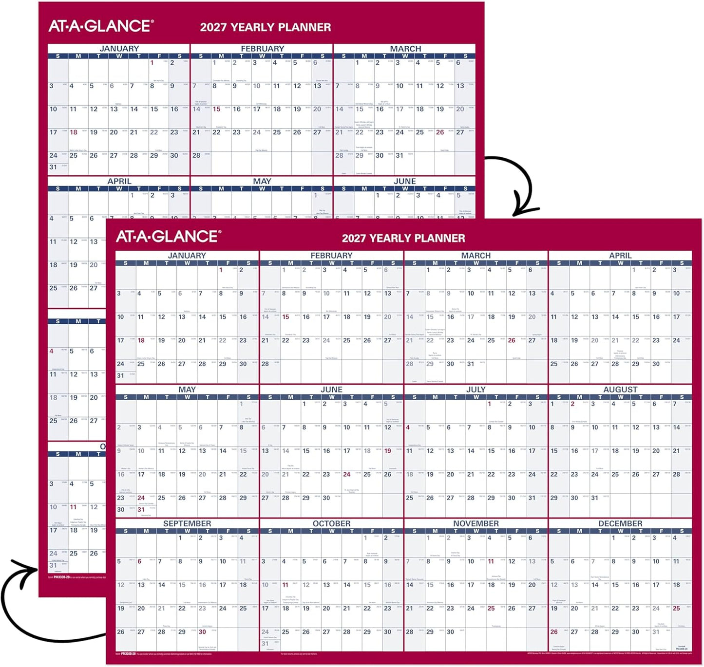AT-A-GLANCE 2026 Erasable Calendar, Dry Erase Wall Planner, 12" x 16", Small, Vertical-Horizontal, Reversible, Compact (PM330B2826)