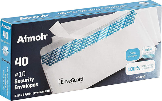 Aimoh #10 Security Self Seal Envelopes – 100 Qty |No Window, EnveGuard, 4⅛ x 9½", White, 24 LB, 100 Count (34100)