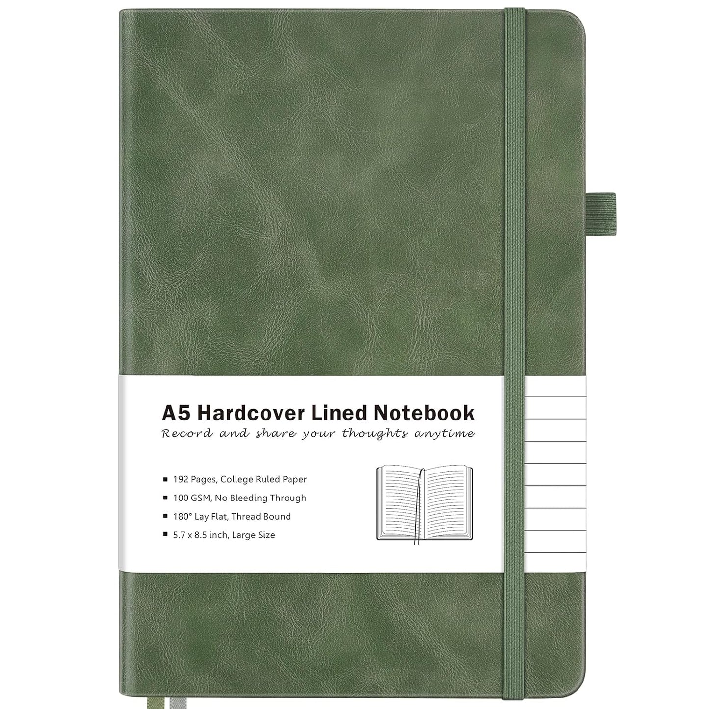 College Ruled Notebook, A5 Hardcover Leather Notebook for Work, Lined Notebook Journal for Women, Men, 100GSM Thick Paper, Large Notebook with Pockets, Professional Business Notebook, Light Green