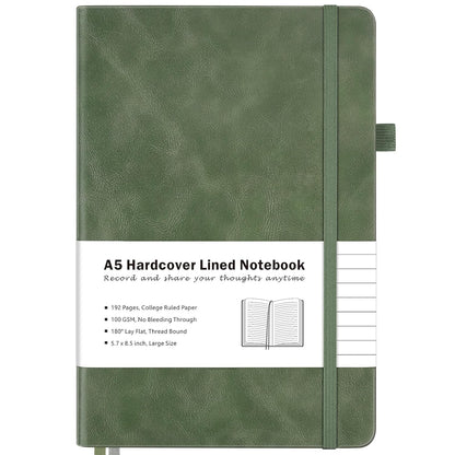 College Ruled Notebook, A5 Hardcover Leather Notebook for Work, Lined Notebook Journal for Women, Men, 100GSM Thick Paper, Large Notebook with Pockets, Professional Business Notebook, Light Green