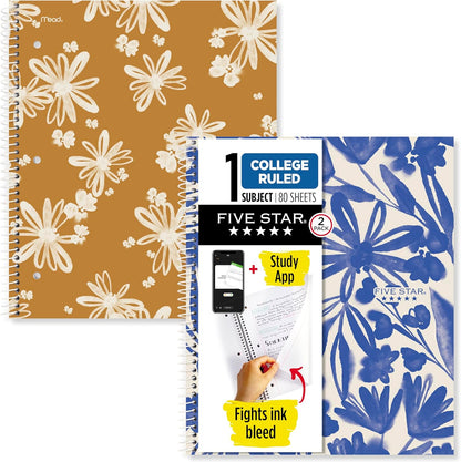 Five Star Spiral Notebook + Study App, 1 Subject, College Ruled Paper, 8-1/2" x 11", 80 Sheets, Fights Ink Bleed, Water Resistant Cover, Soft Petals Blue (820441F-ECM)