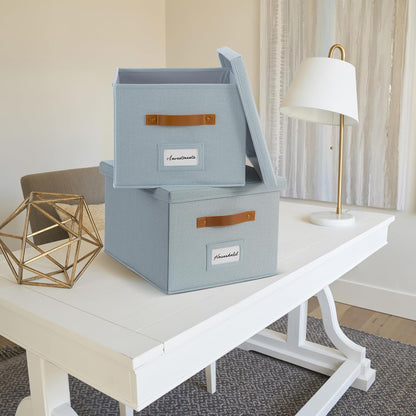 ZICOTO Decorative File Organizer Box Set of 2 - Collapsible Linen Filing Cabinets with Handles Are Perfect to Store All Your Documents & Hanging File Folders - Portable Easy Slide Crates with Lid