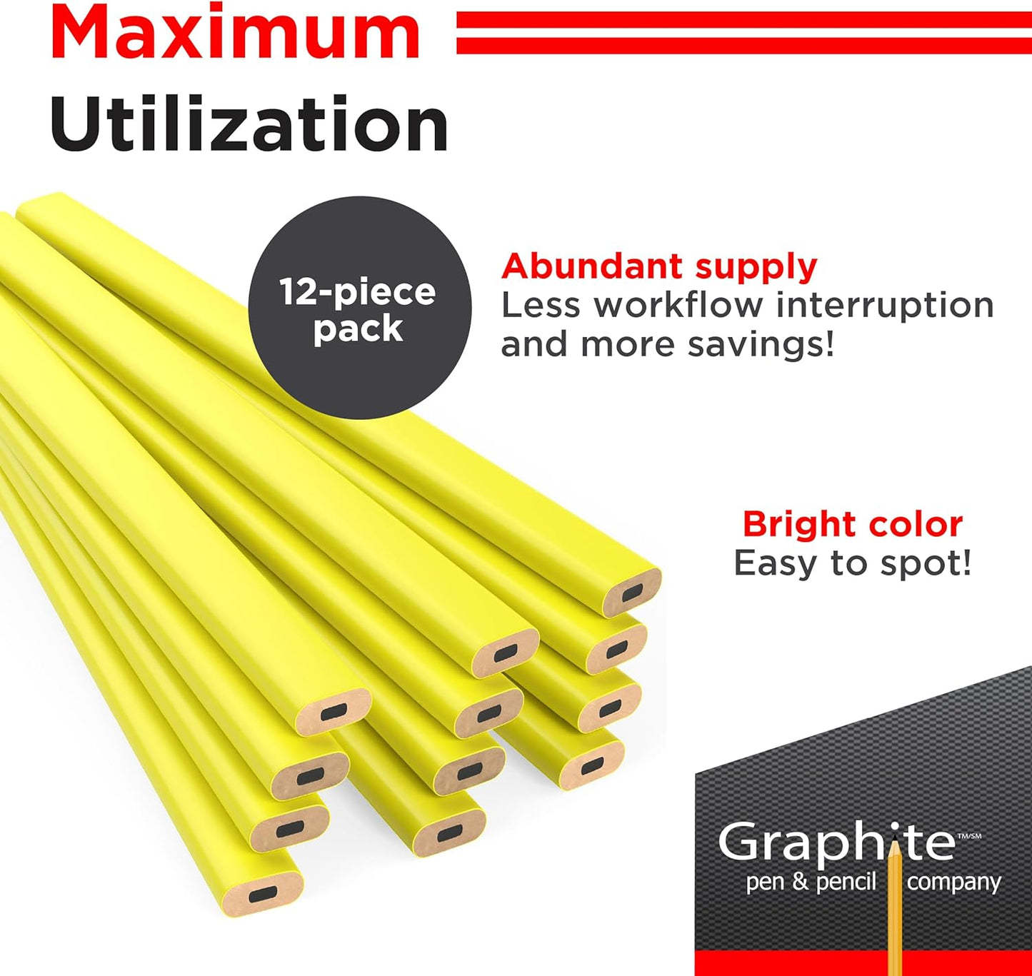 GRAPHITE Hard Lead Carpenter Pencils Bulk - (1) Pack of 12 Pieces Lumber Wooden Pencil #2 (HB) - Red