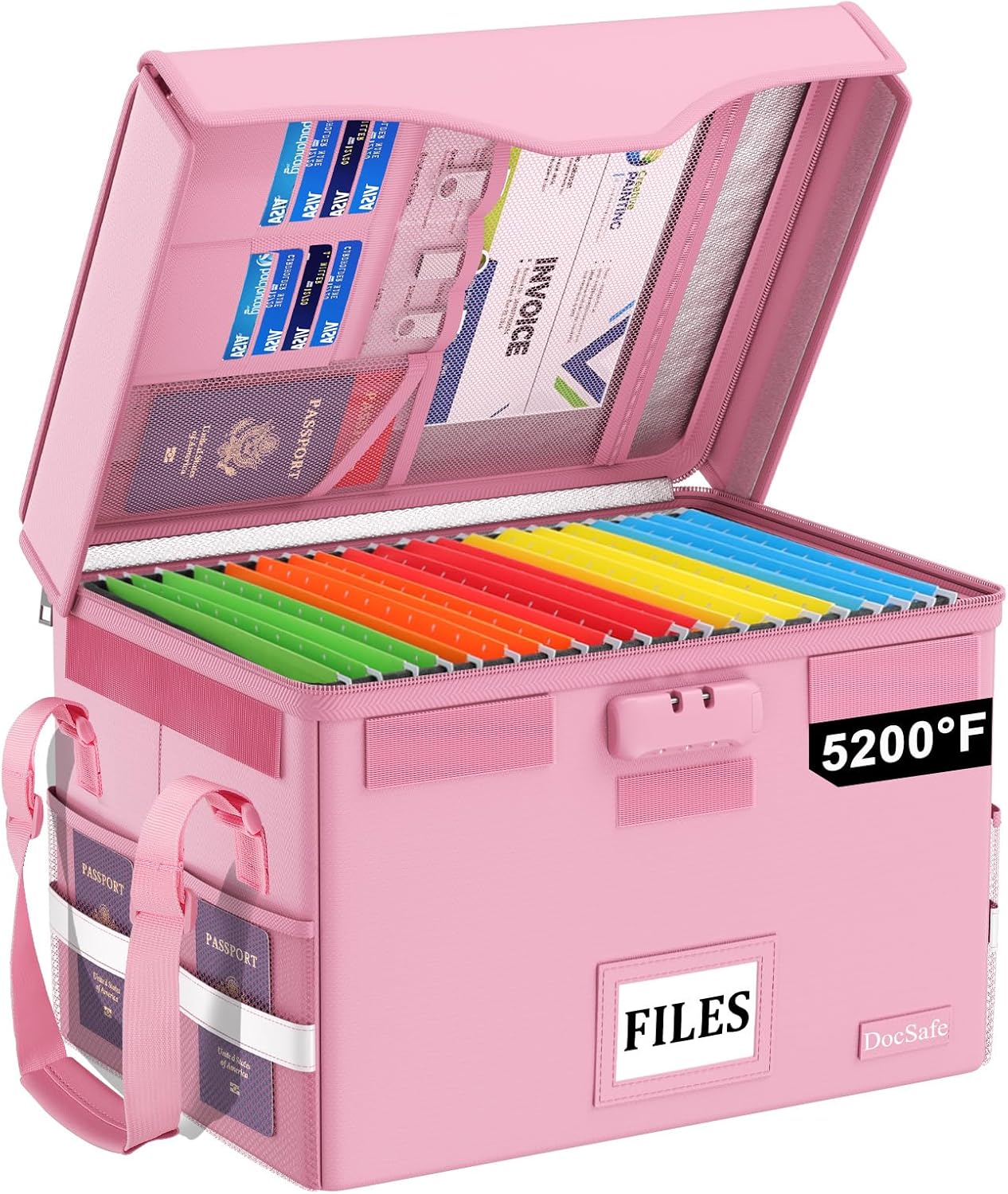 DocSafe Fireproof Document Box with Lock, File Storage Organizer with Mesh Pockets, Collapsible Portable File Box Home Office Safe Filing Cabinet with Handle for Hanging Letter/Legal Folder, Black