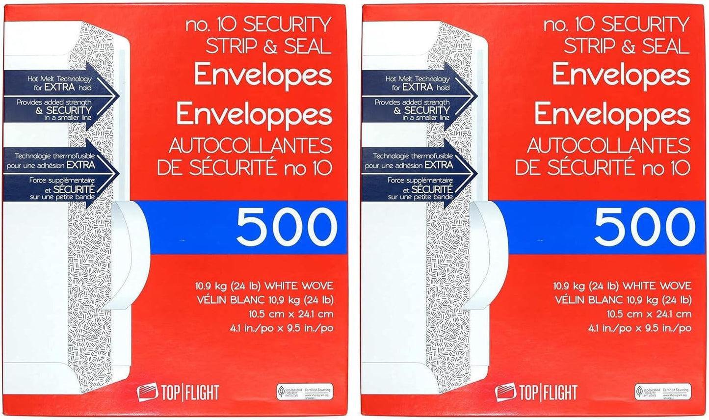 Top Flight PSTF10NWT #10 Envelopes, Strip & Seal, Security Tinted, White Paper, 24 lb, 500 Count