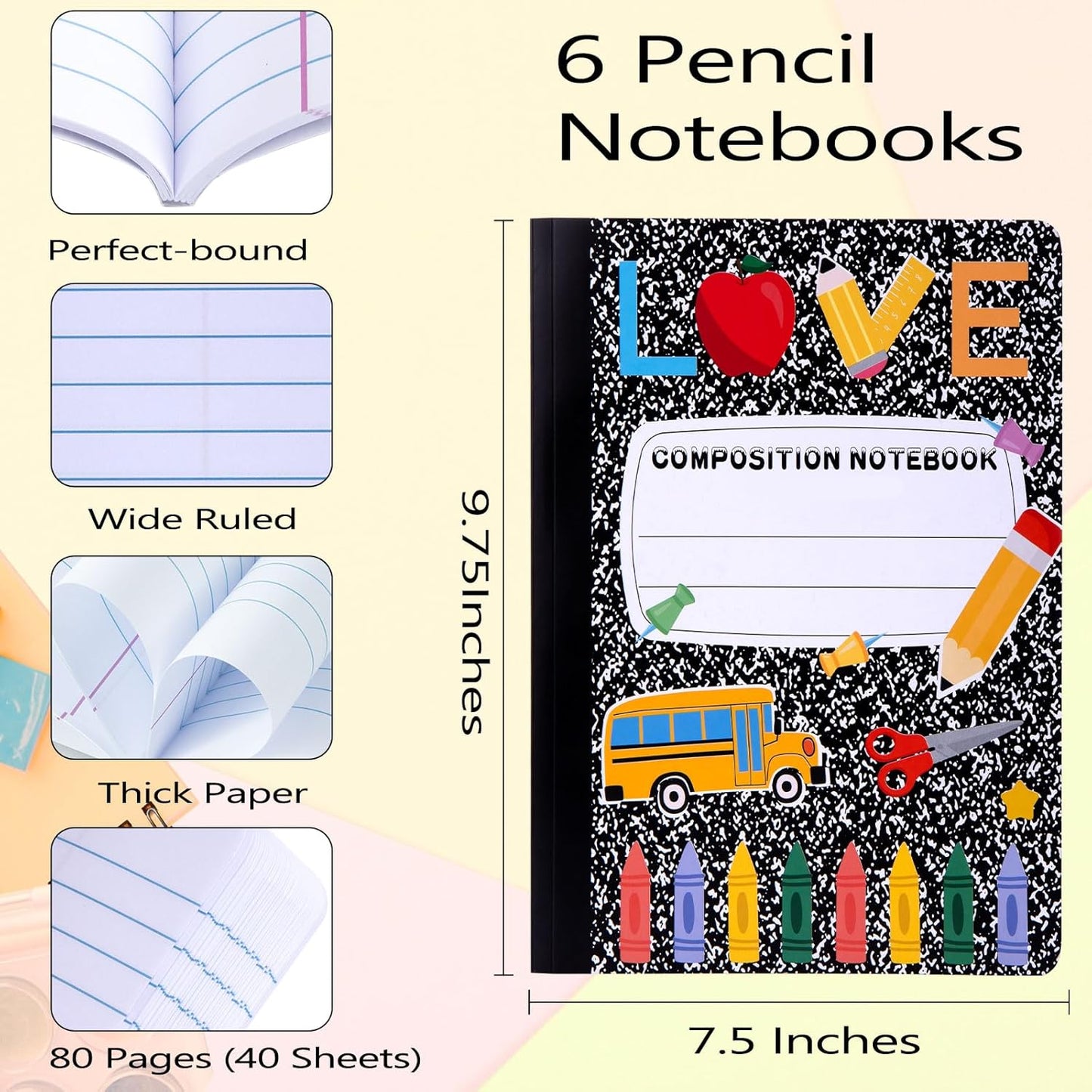 6 Pack Marble Composition Notebook Wide Ruled Preppy Composition Notebooks,Back to School Coquette Aesthetic Notebooks Perfect-bound 80 Pages (40 Sheets) 9.75x7.5 Inches