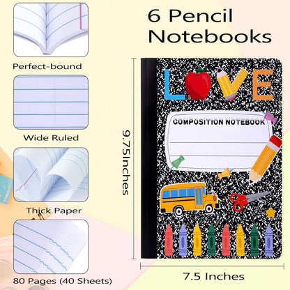 6 Pack Marble Composition Notebook Wide Ruled Preppy Composition Notebooks,Back to School Coquette Aesthetic Notebooks Perfect-bound 80 Pages (40 Sheets) 9.75x7.5 Inches
