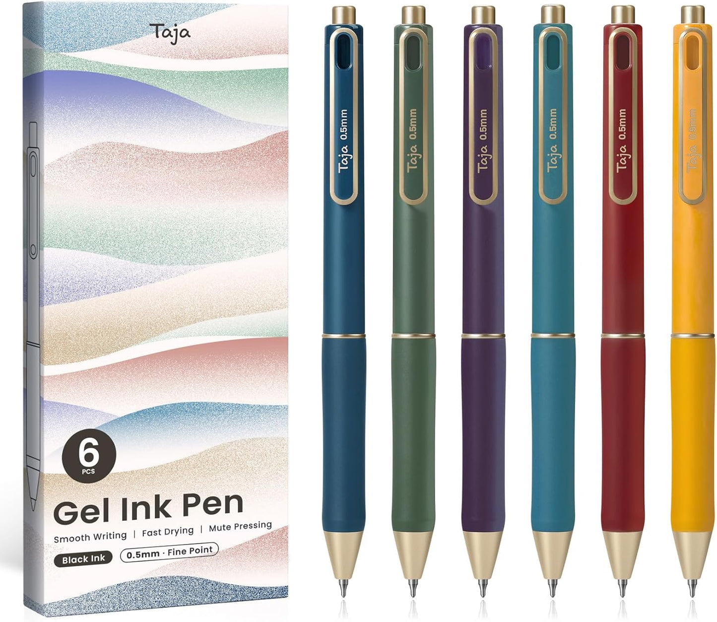 Taja Gel Pens, 6 Pcs Quick Dry Black Gel Ink Pens, 0.5mm Fine Point Smooth Writing Pens for Journaling and Note Taking, Cute Aesthetic Pens for Women & Men-Pastel