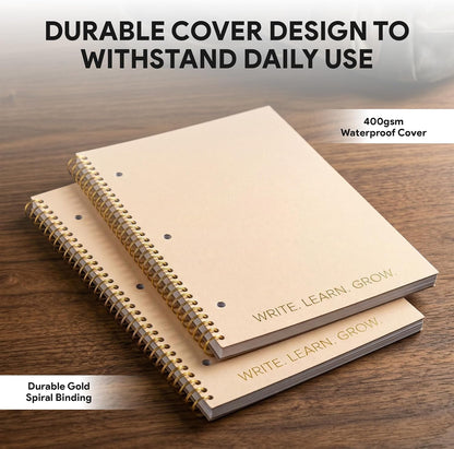 Decorably 5-Pack 140 Pages Gold Foiled Spiral Note Books College Ruled, 8x10.5in Spring Bound, 3-Hole Punched and Easy Tear-Off Perforated Design, Lined Pages - Work, School, Office
