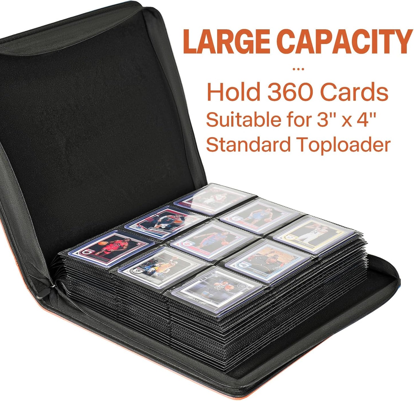 9 Pocket TopLoader Binder, Holds 360 3”x4” Toploader Hard Cases, Sleeves Card Collection Binder, 20 Double Sided Pages, Compatible with Trading & Sports Holder - Black